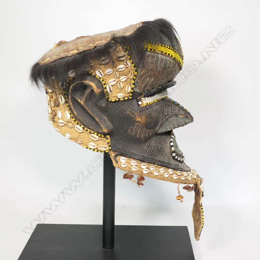 A Namibian mask on stand with copper metal foil & shells, Image 1++