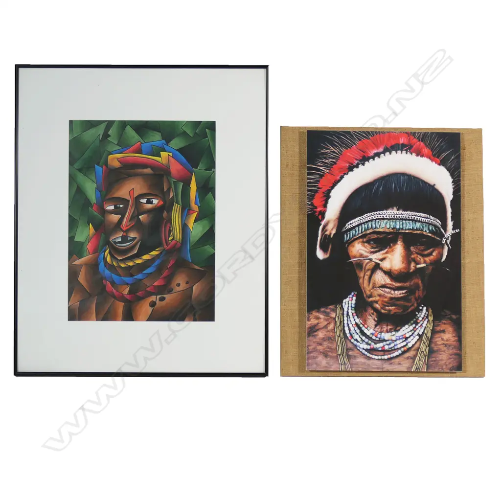 Two Aaron Curs artworks; 'Madonna of the Forest' Asaro Woman and 'Highlands Warrior' Asaro man, Image 1++