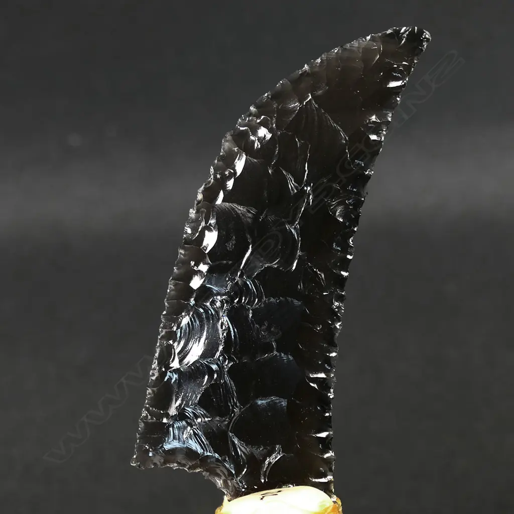 A scrimshaw whale tooth handled knife with a knapped glass blade by Jorgen Lotz Image 1++