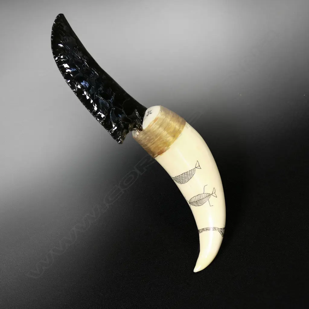 A scrimshaw whale tooth handled knife with a knapped glass blade by Jorgen Lotz Image 1++