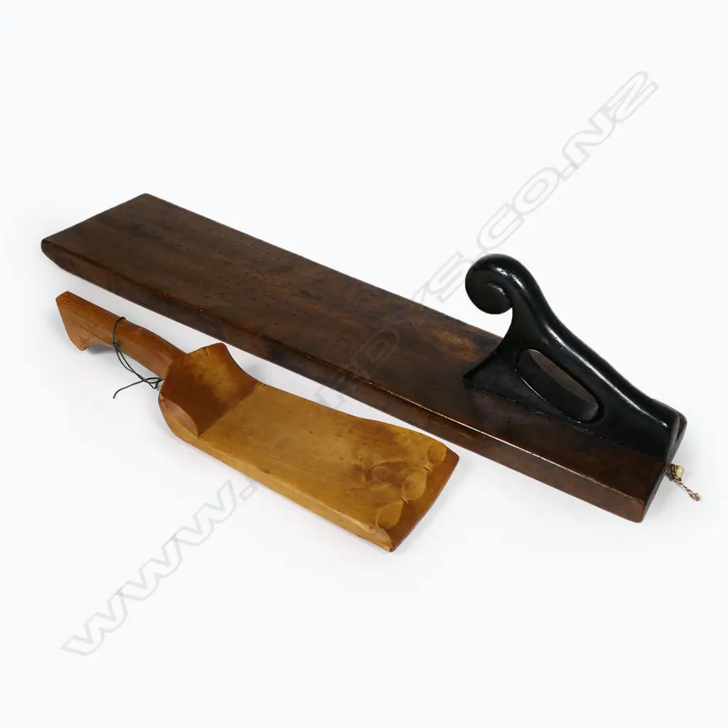 A late 19thC Danish Banketræt (mangle board) and a pine washing paddle Image 1++