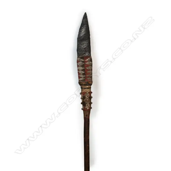 A very good obsidian bladed spear, Bismarck Archipelago, Admiralty Islands, PNG. Late 19thC. Fine large flaked point fixed with parinarium nut paste and bound with fine cord mount with tri-colour ochre decoration and similar shoulder additionally with coix seeds, fitted to a slender tapering shaft. L.1610mm. Provenance: Mann Family Collection, Leipzig, Germany; Zemanek-Munster Wurzburg Auctions Sept 17, 2011; Tribal Art Kortmann 2012. The Jorgen Lotz Collection.