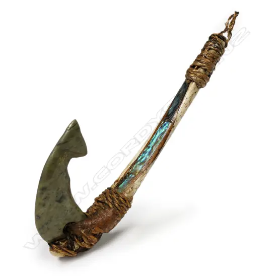 An old Māori bone paua and pounamu large pa kahawai (trolling lure)