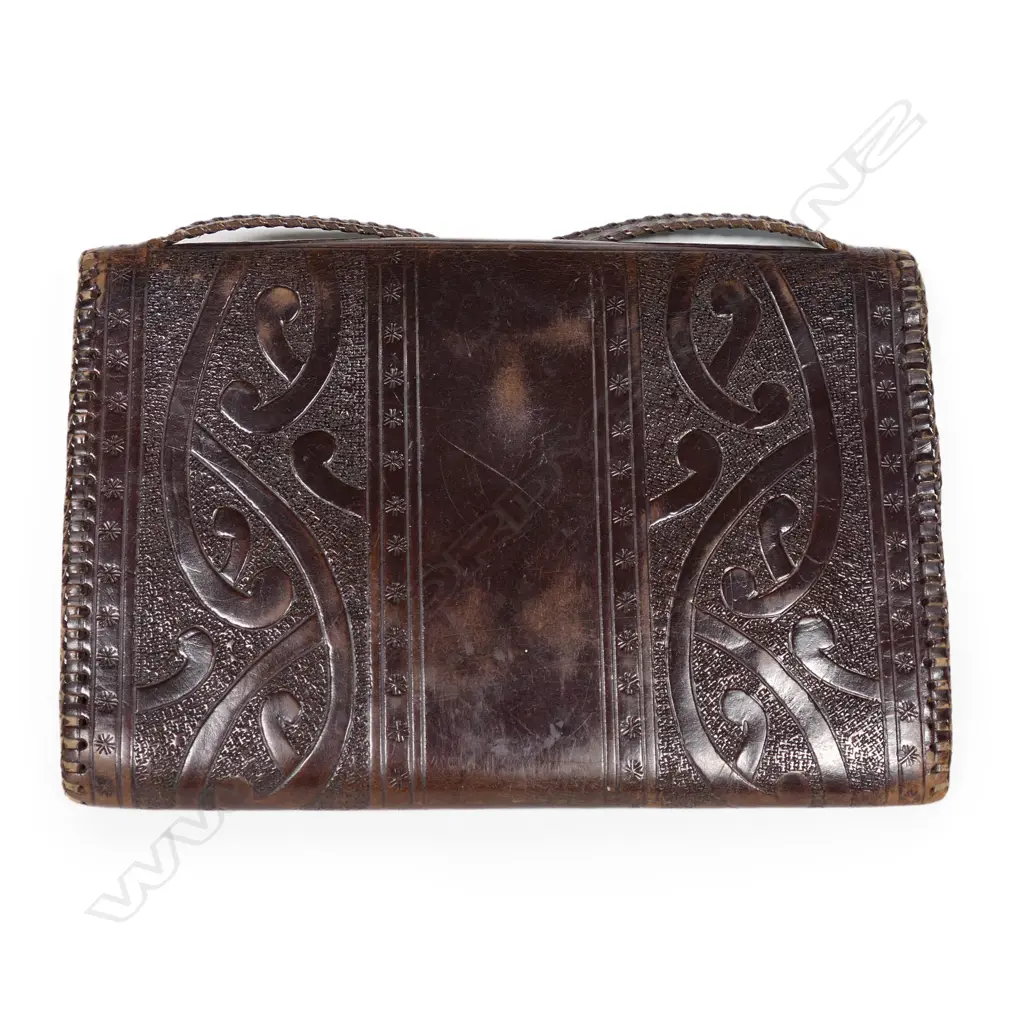 An uncommon old Māori decorated leather satchel form handbag Image 1++