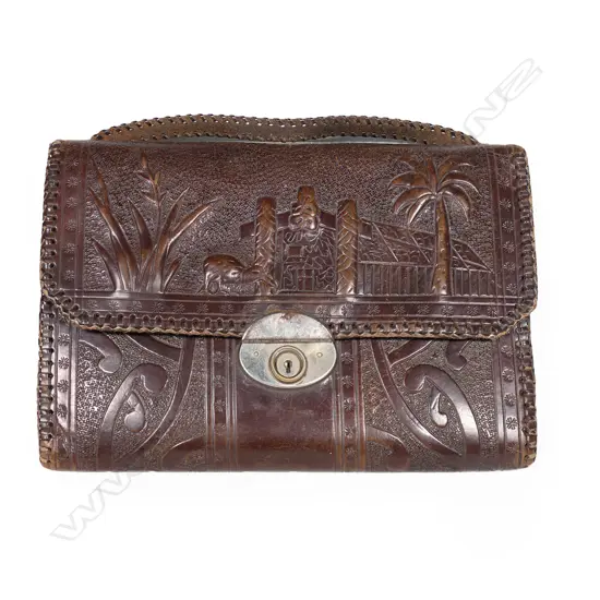 An uncommon old Māori decorated leather satchel form handbag