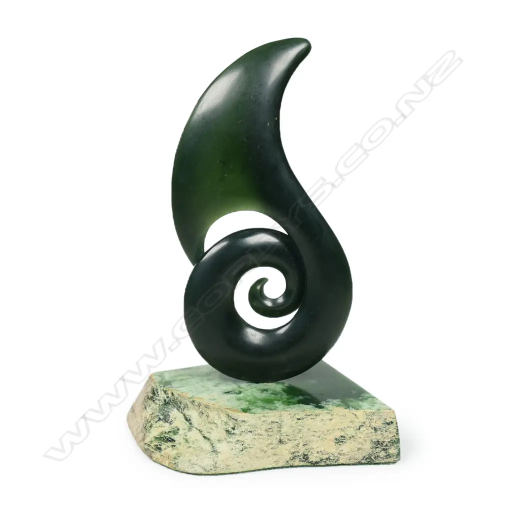 Donn Salt carved kawakawa pounamu koru on stand Image 1++