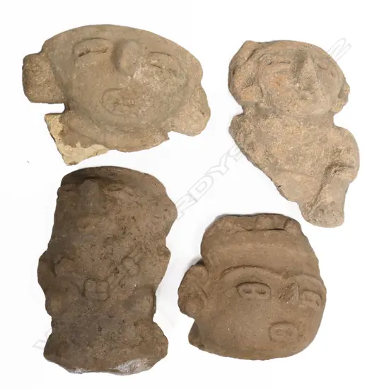 Two Pre-Columbian Figures and  Two Portrait Masks,