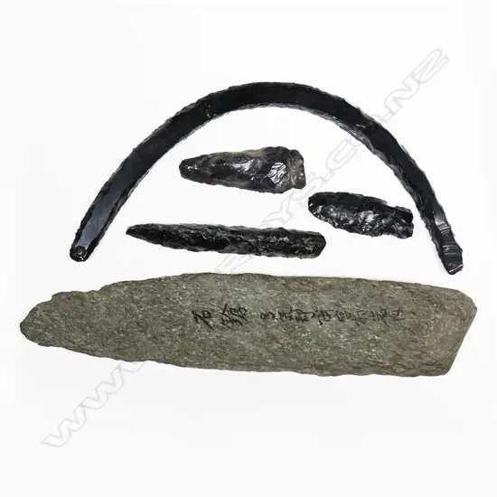 A Stone Dagger plus three Arrowheads and  A Serpentine Pendant,