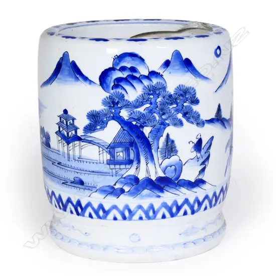 A small Japanese hand-painted blue and white hibachi/pot,