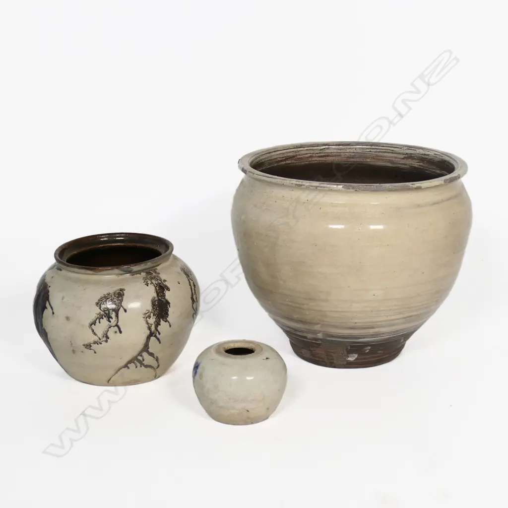 Two Japanese Stoneware Planters and  a Small Chinese Stoneware Vase, Image 1++