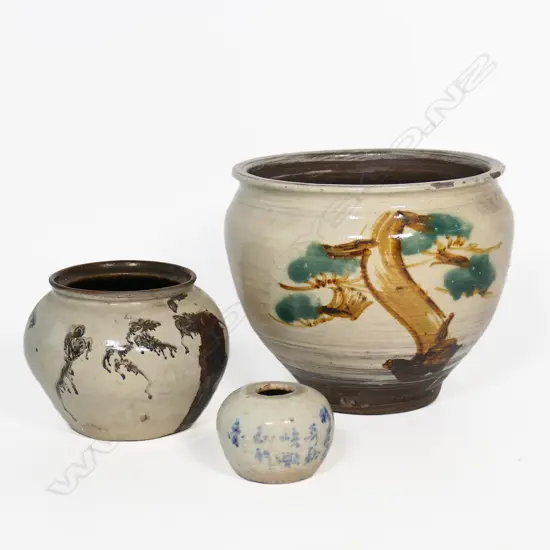 Two Japanese Stoneware Planters and  a Small Chinese Stoneware Vase,