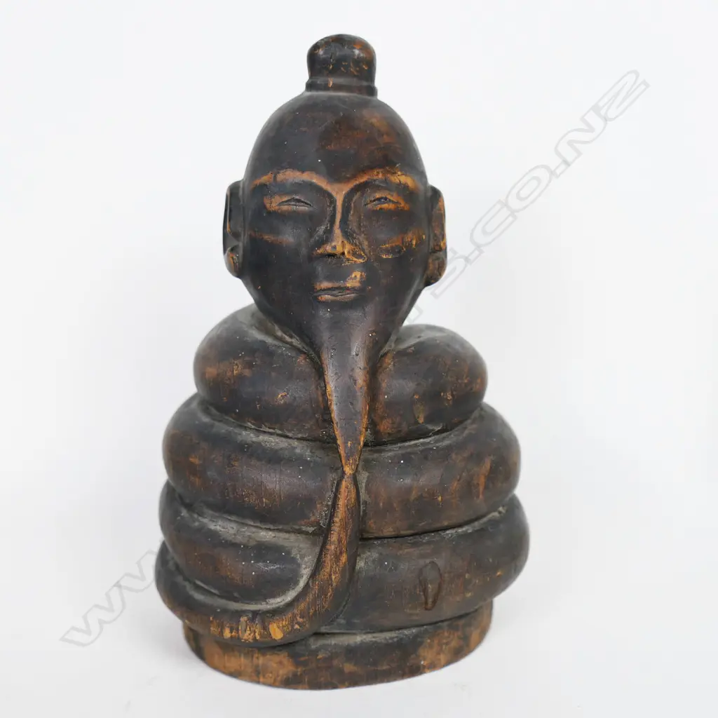 A Japanese Carved Wood Figure with Coiled Serpent Body, Image 1++