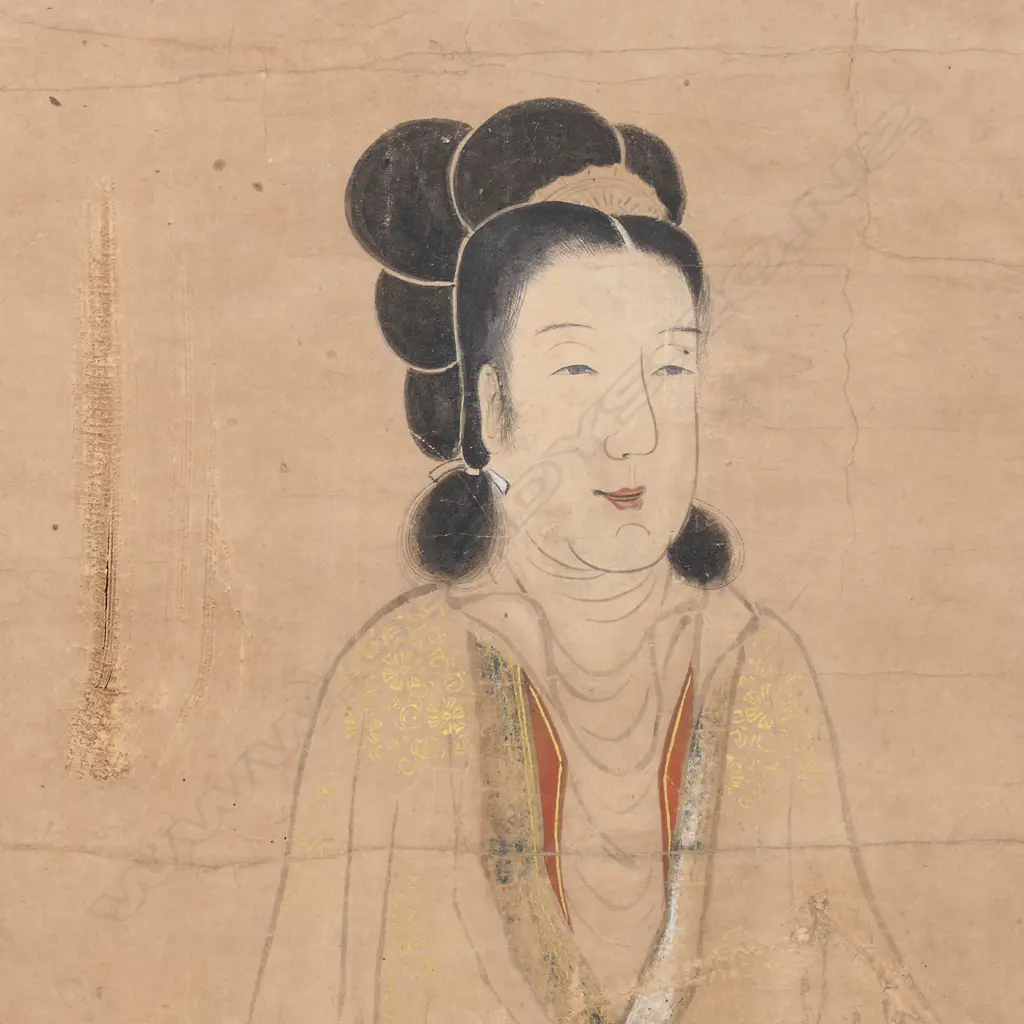 Japanese Hand Painted Scroll depicting a woman in traditional clothing and carrying a basket, Image 1++