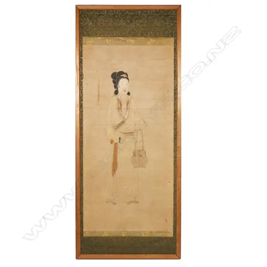 Japanese Hand Painted Scroll depicting a woman in traditional clothing and carrying a basket,