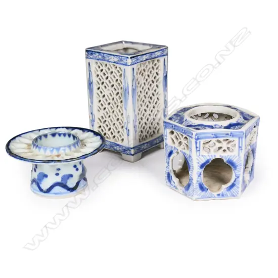 Three antique blue and white porcelain containers,