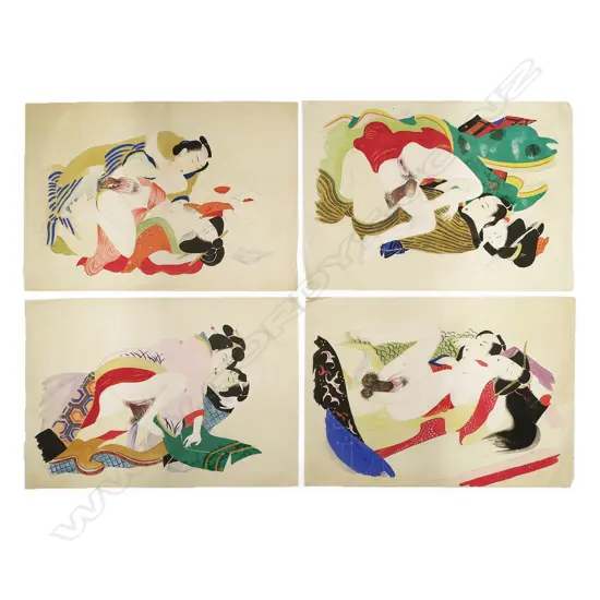Four Fine Japanese Meiji Period Erotic Shunga Paintings,