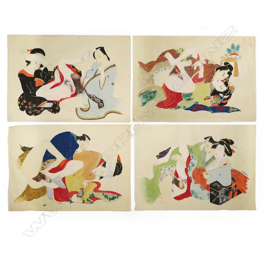 Four Fine Japanese Meiji Period Erotic Shunga Paintings, Image 1++