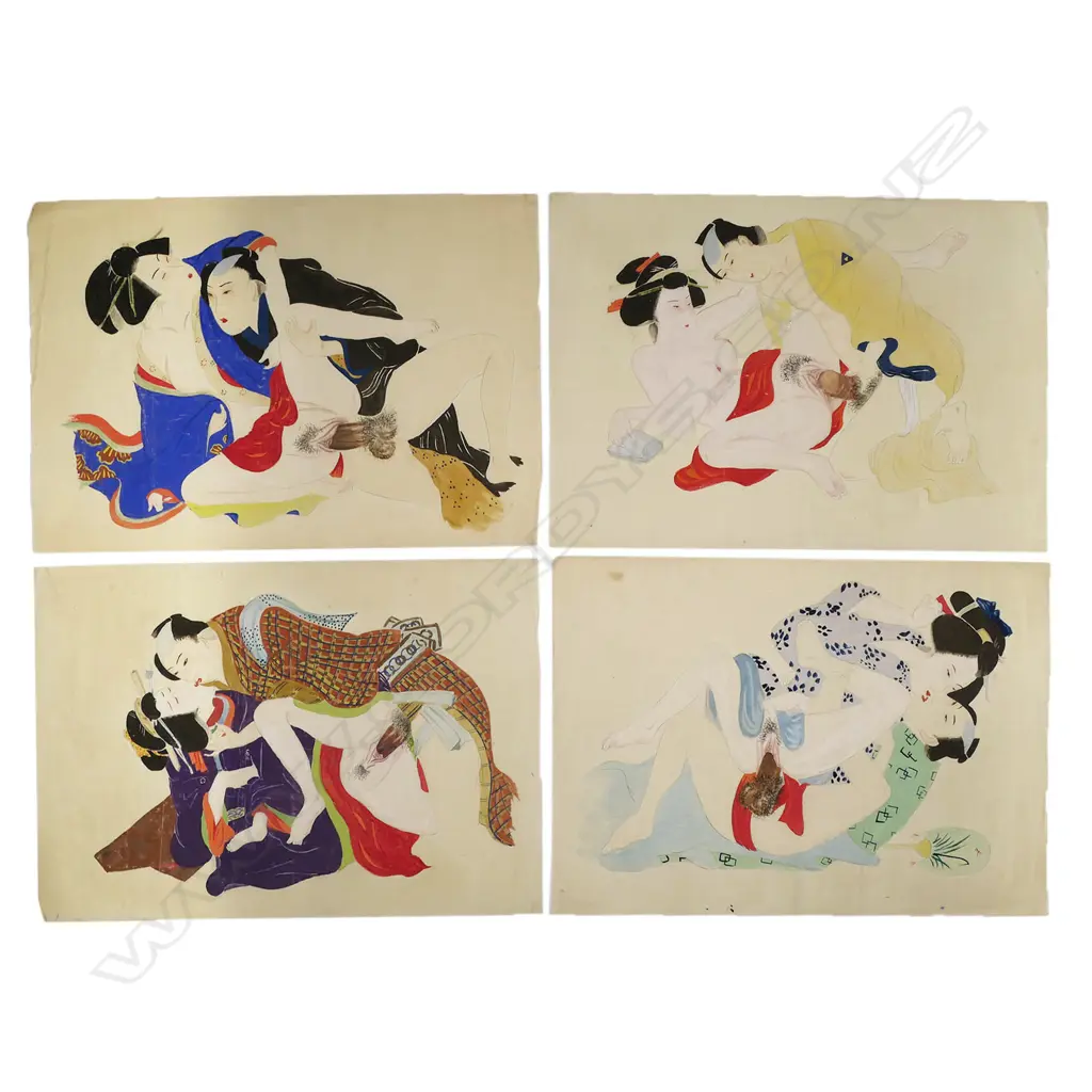 Four Fine Japanese Meiji Period Erotic Shunga Paintings, Image 1++