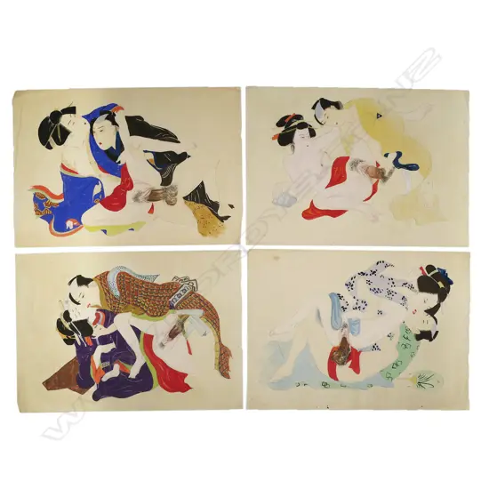 Four Fine Japanese Meiji Period Erotic Shunga Paintings,