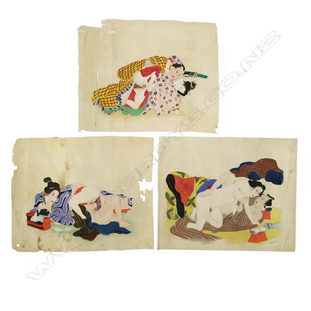 Three Japanese Meiji Period Erotic Shunga Paintings, Image 1++