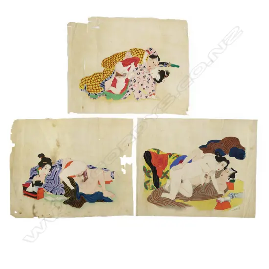 Three Japanese Meiji Period Erotic Shunga Paintings,