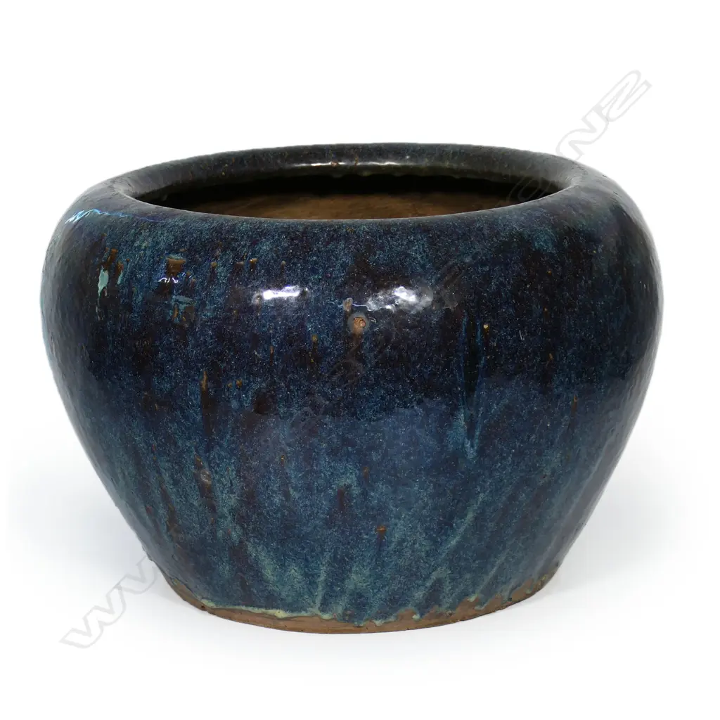 A large antique cobalt-blue glaze stoneware water vessel/planter, Image 1++