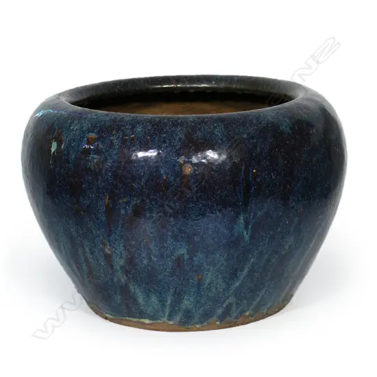 A large antique cobalt-blue glaze stoneware water vessel/planter,