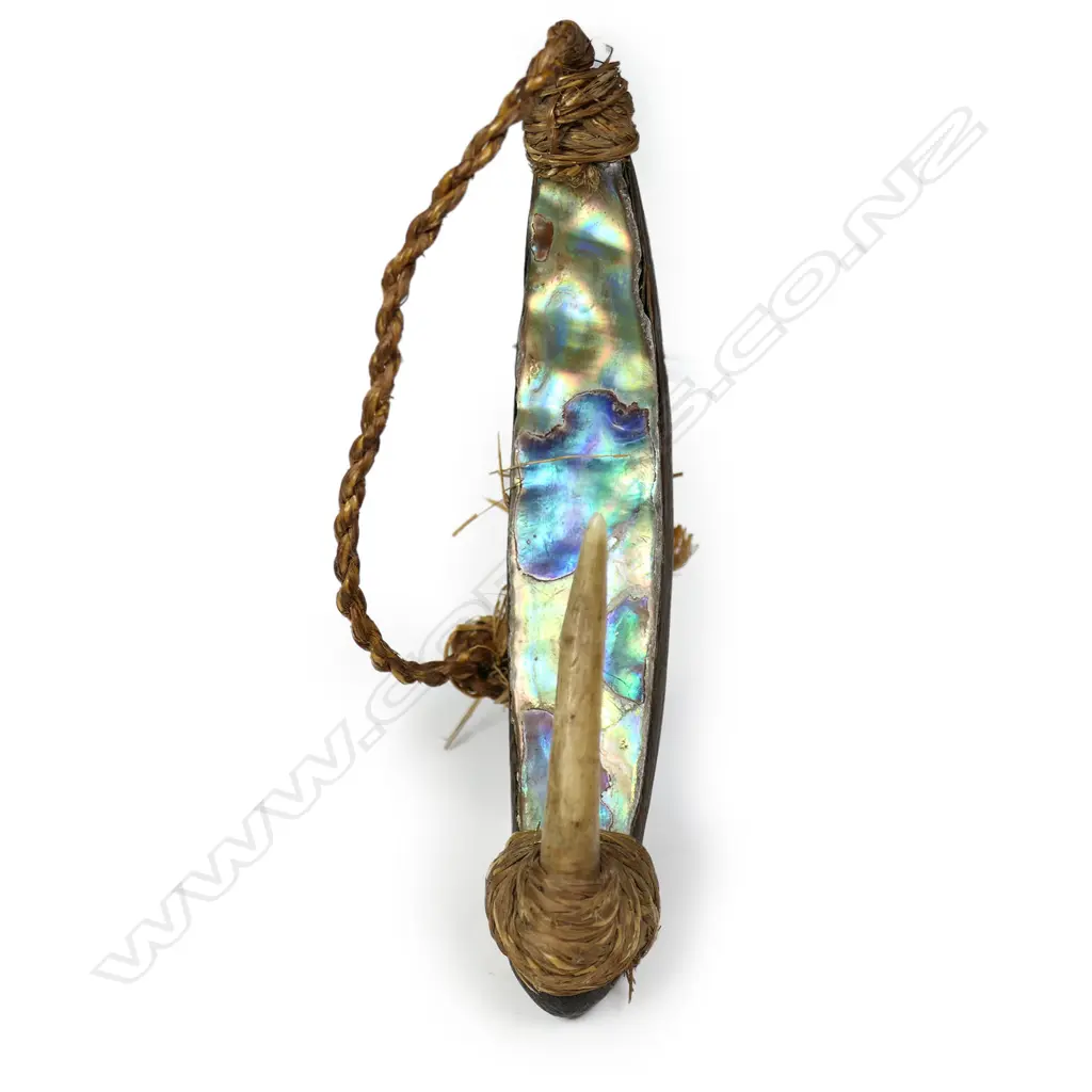 An old Māori trolling lure (pa kahawai) with traditional tapered formed wooden body, Image 1++