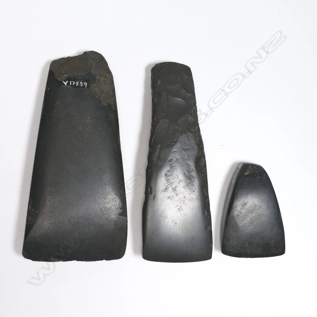 Three Māori stone toki (adzes) L.135, 130 and 64mm. Registered Y.17339, Y17338 and Y.17314. Provenance: Ex. The Estate of John Perry. Image 1++