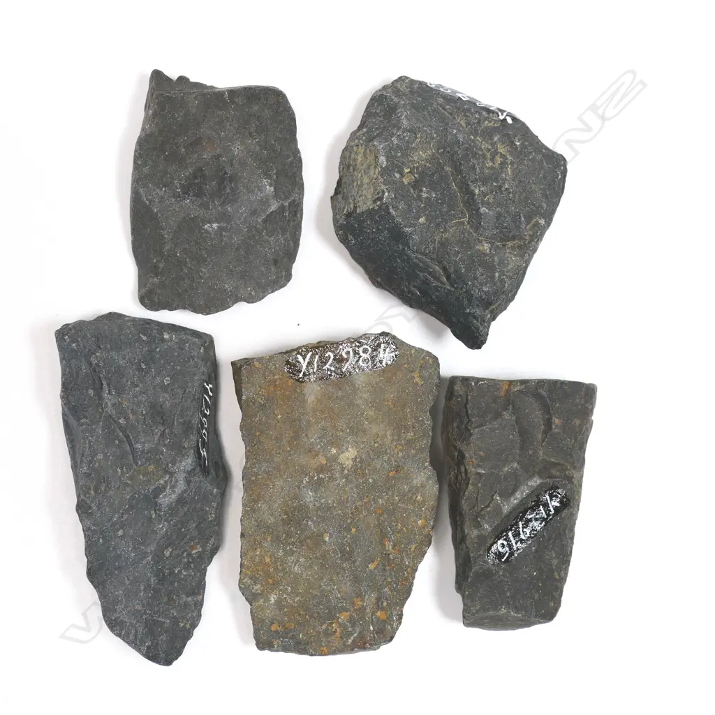Five Māori old argillite worked stone pieces, Image 1++