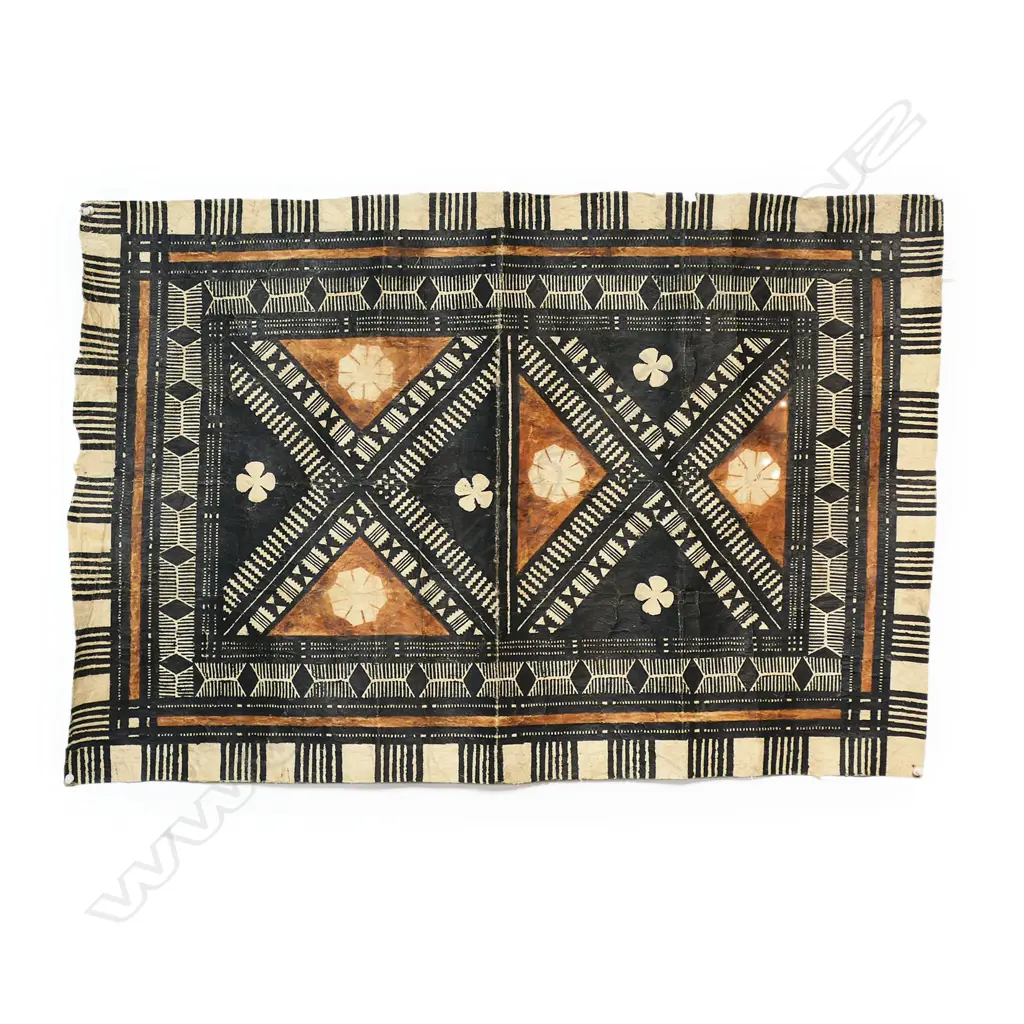Fijian small tapa cloth with geometric and restrained floral designs. 910 x 620mm. Provenance: Ex. The Estate of John Perry. Image 1++