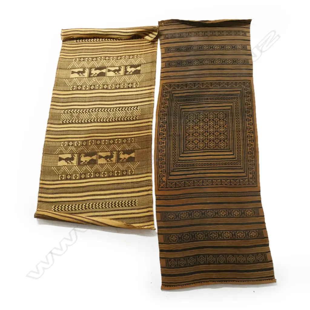 Two old finely woven tribal mats with geometric banded decoration including birds. L.1700 & 1900mm Image 1++