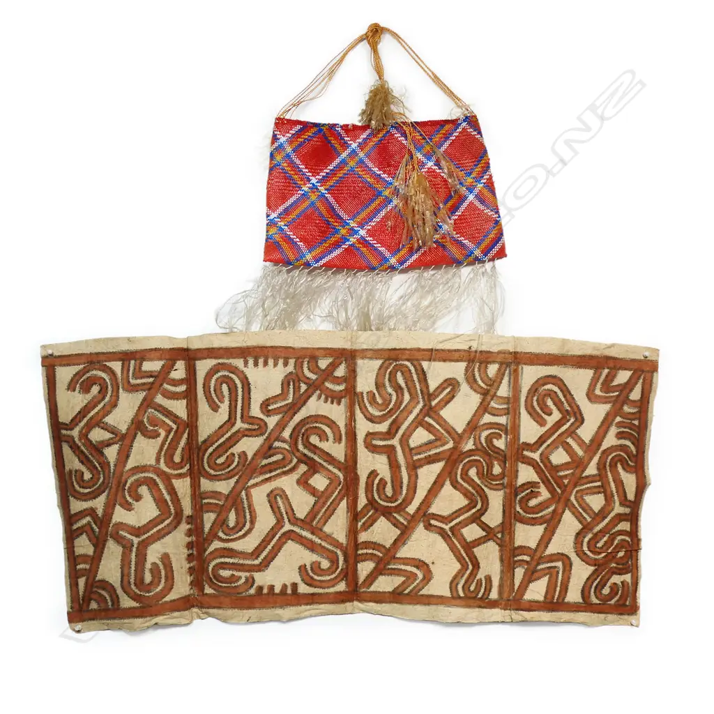 PNG Oro province tapa cloth 1010 x 480mm. Together with a finely woven plastic kete. 41 x 34mm. Image 1++