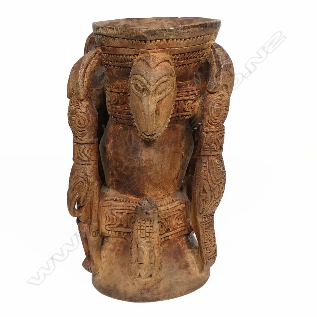 PNG finely carved pigment pot with stylised figured handles crocodiles and masks. H.200mm. Provenance: Ex. The Estate of John Perry. Image 1++