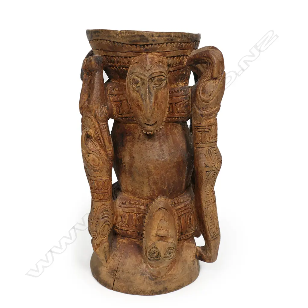 PNG finely carved pigment pot with stylised figured handles crocodiles and masks. H.200mm. Provenance: Ex. The Estate of John Perry. Image 1++