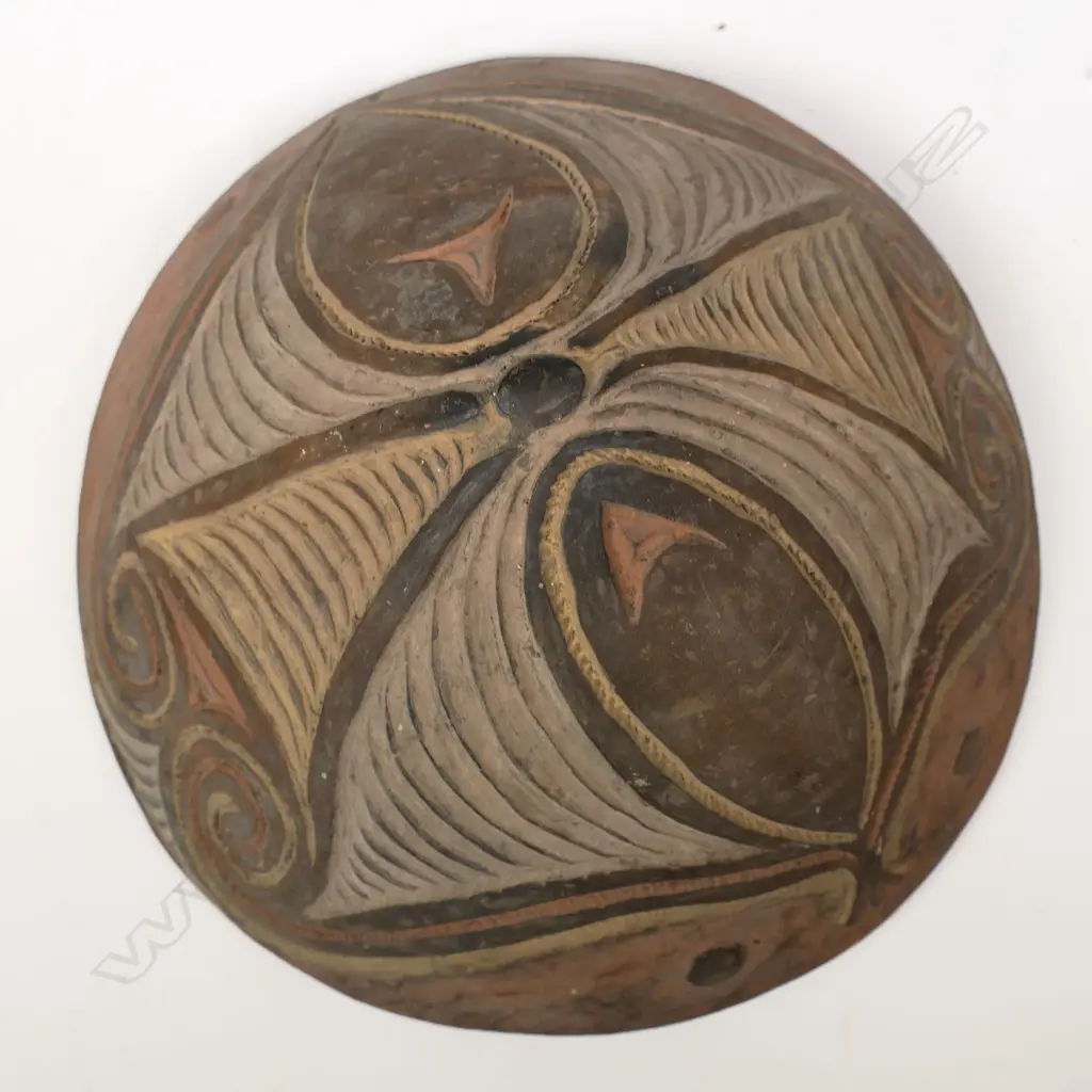 PNG Kamana or Sago pottery bowl with traditional incised and pigment coloured decoration. Dia.260mm. Image 1++