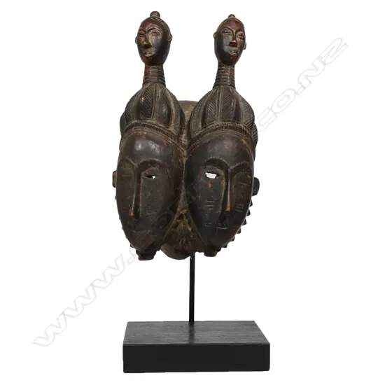 African Baule double female carved wood mask,