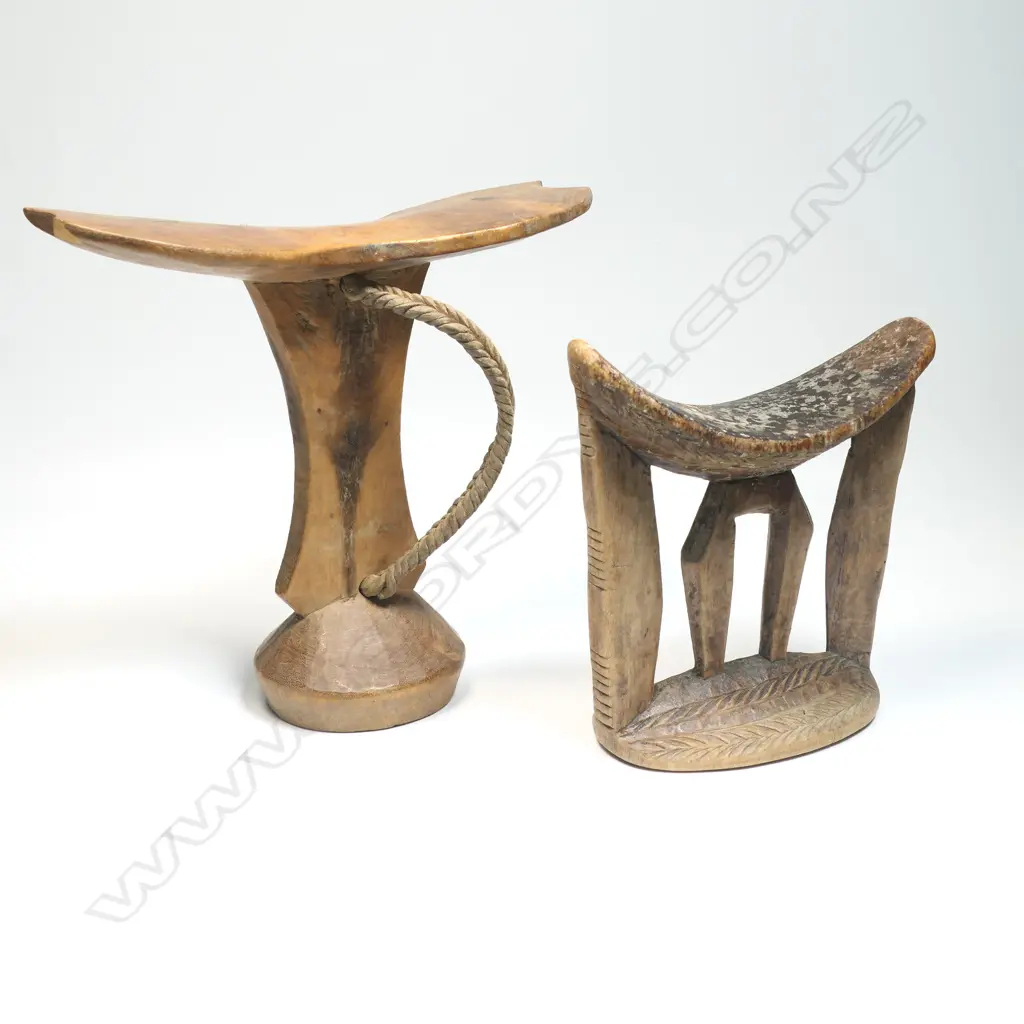 Two African carved wood headrests, Image 1++