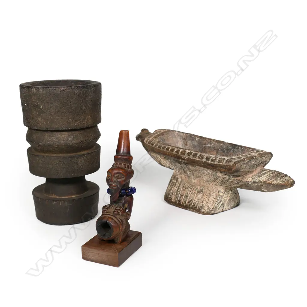 Three tribal pieces: African figure carved wooden tobacco pipe Image 1++
