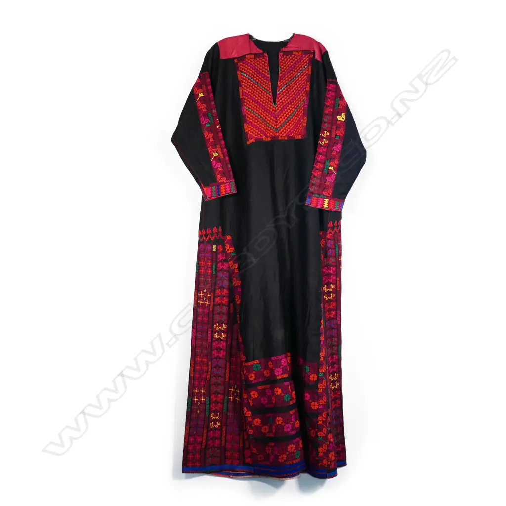 Palestinian nobles embroidered robe with red orange and pink stitched on black. Full length. Image 1++