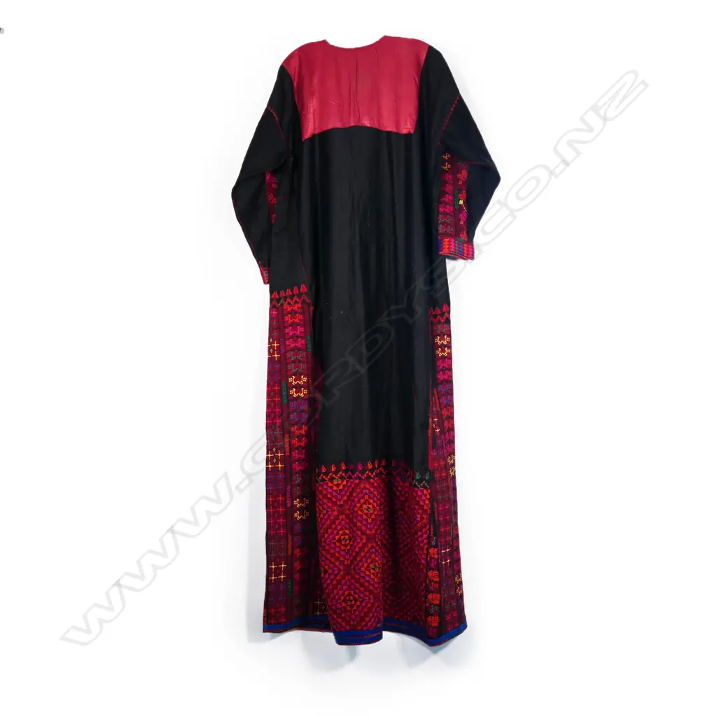 Palestinian nobles embroidered robe with red orange and pink stitched on black. Full length. Image 1++