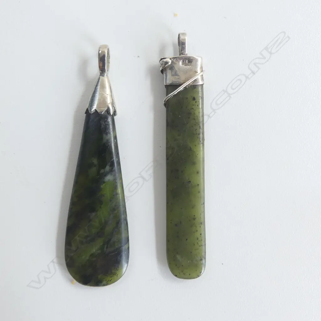 Two pounamu & silver mounted pendants Image 1++