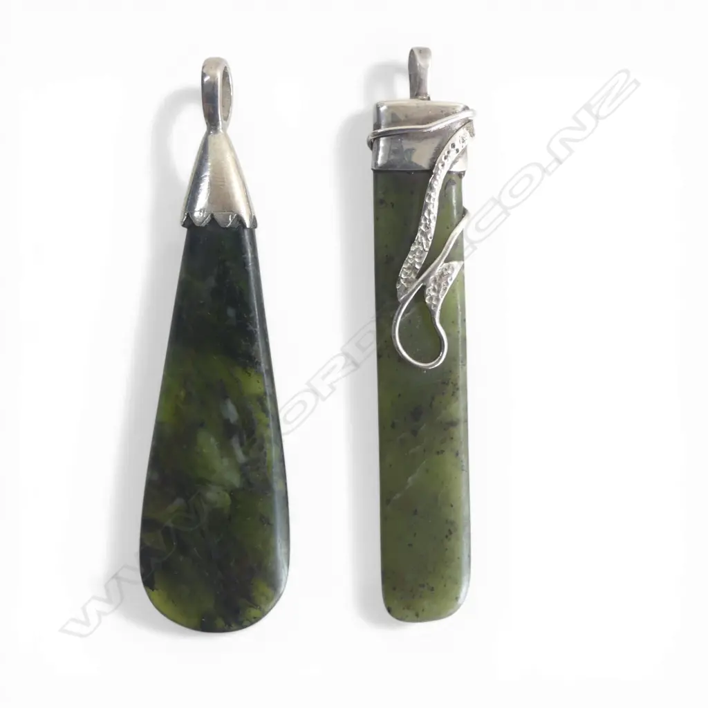 Two pounamu & silver mounted pendants Image 1++
