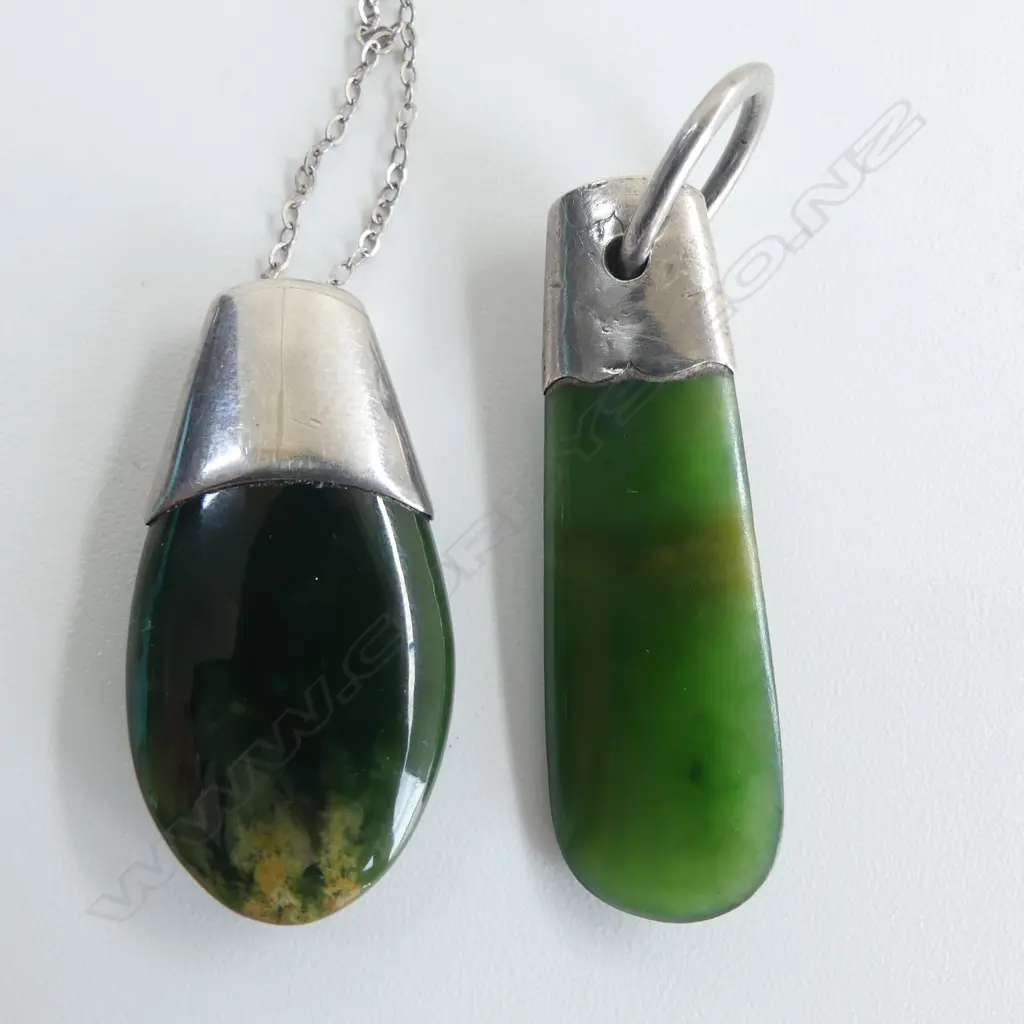 2 pounamu and silver mounted pendants, 1 modern with excellent coloured stone on chain the other c.1910. H.48mm Image 1++