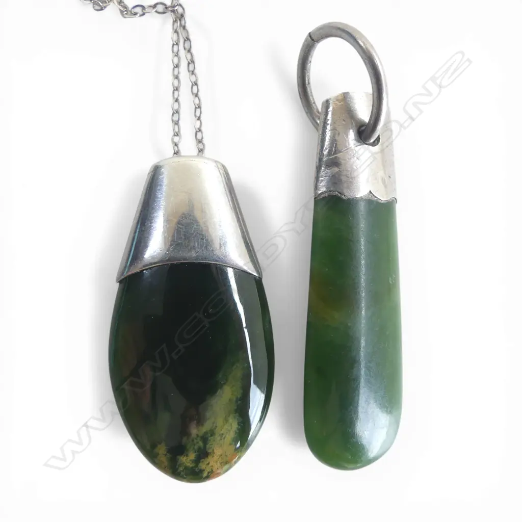 2 pounamu and silver mounted pendants, 1 modern with excellent coloured stone on chain the other c.1910. H.48mm Image 1++