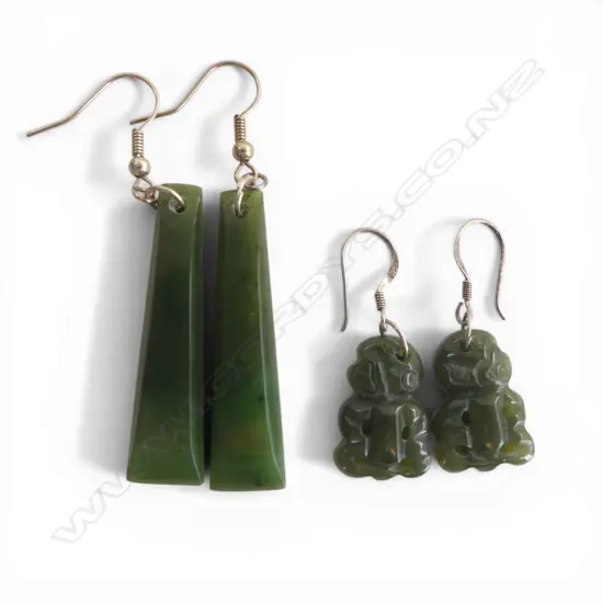 2 pairs pounamu earrings w silver hook fittings: hei tiki + toki form L.42mm