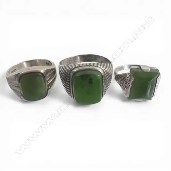 Three vintage silver & pounamu signet type rings
