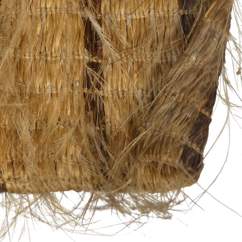 19thC Māori muka kete kiwi, fine wispy feathers sewn to the banded muka body. Handles to the top. 200 x 170mm. Being assessed for registration. Image 1++