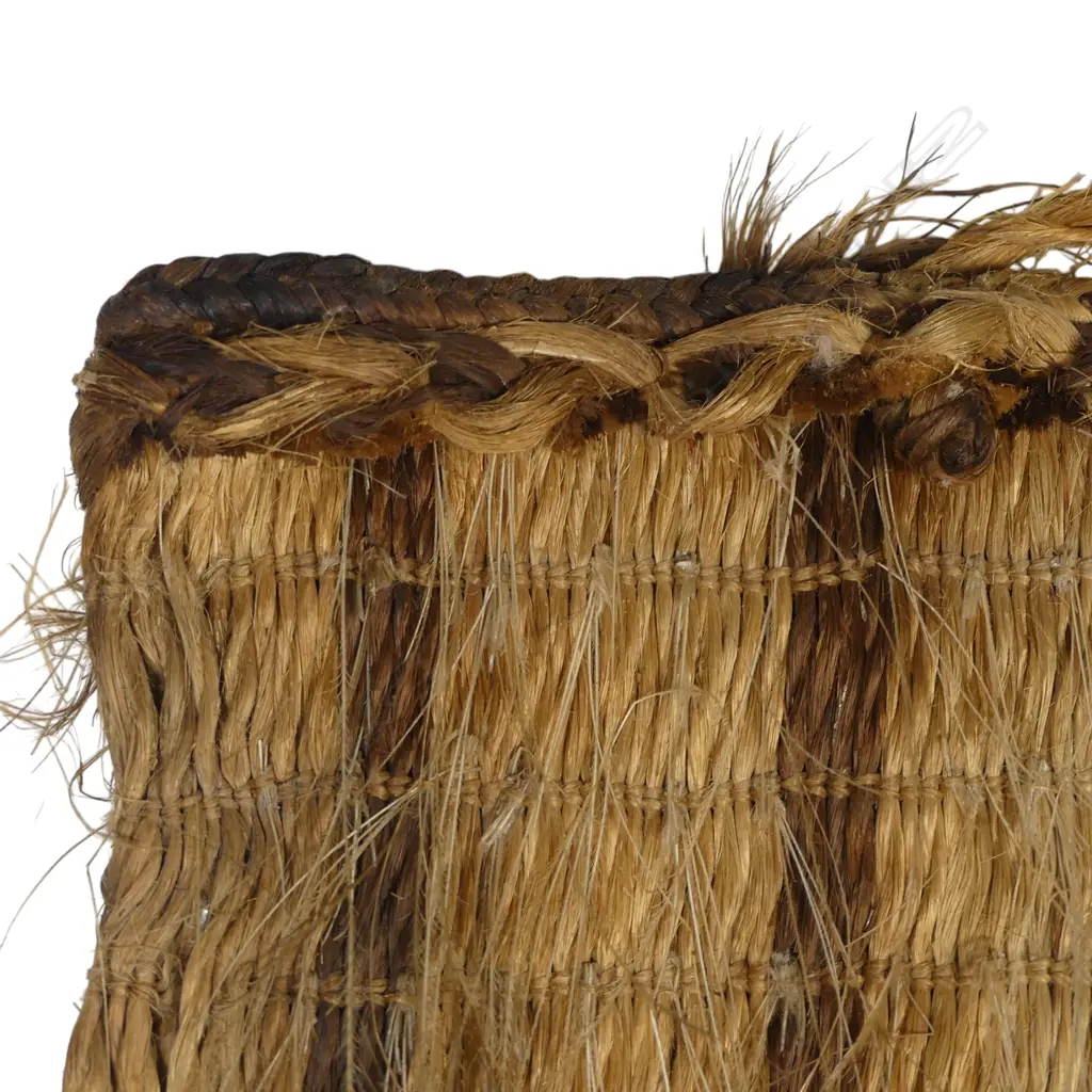 19thC Māori muka kete kiwi, fine wispy feathers sewn to the banded muka body. Handles to the top. 200 x 170mm. Being assessed for registration. Image 1++