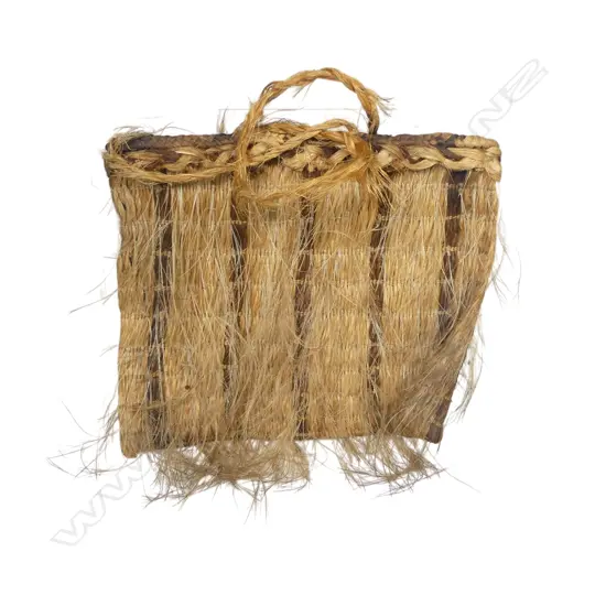 19thC Māori muka kete kiwi, fine wispy feathers sewn to the banded muka body. Handles to the top. 200 x 170mm. Being assessed for registration.